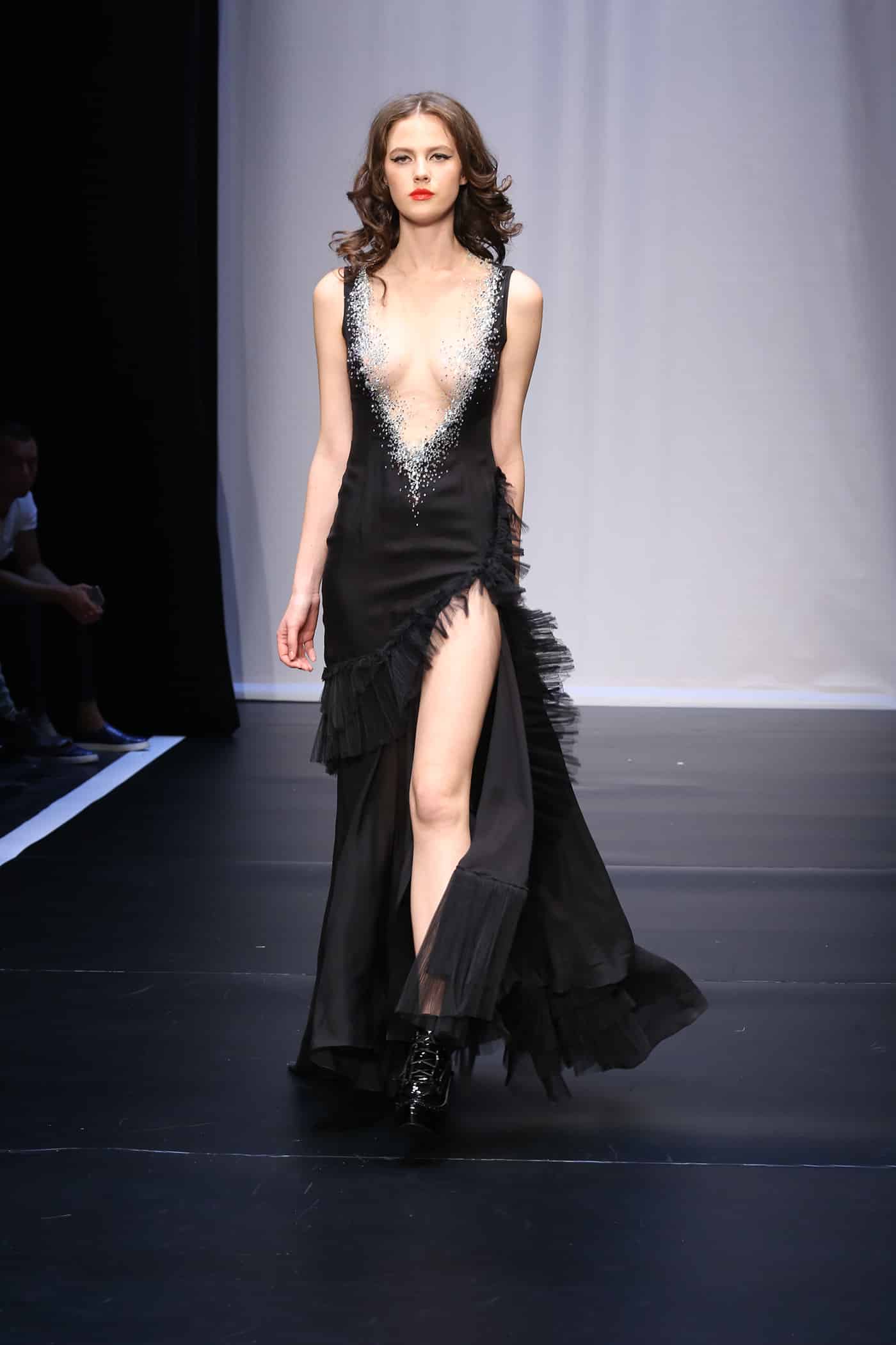 v neck dress in black silk by on aura tout vu couture