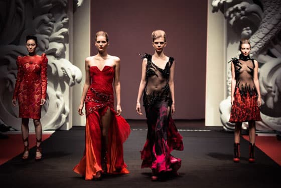 Red dreses from on aura tout vu haute couture fashion show in singapore 2012