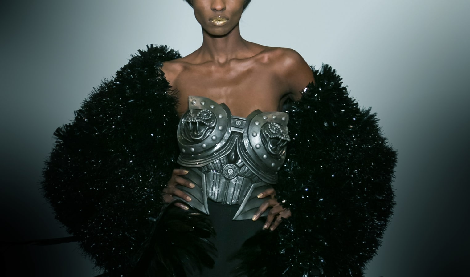 corset in metal silver and black coat feathers by on aura tout vu couture