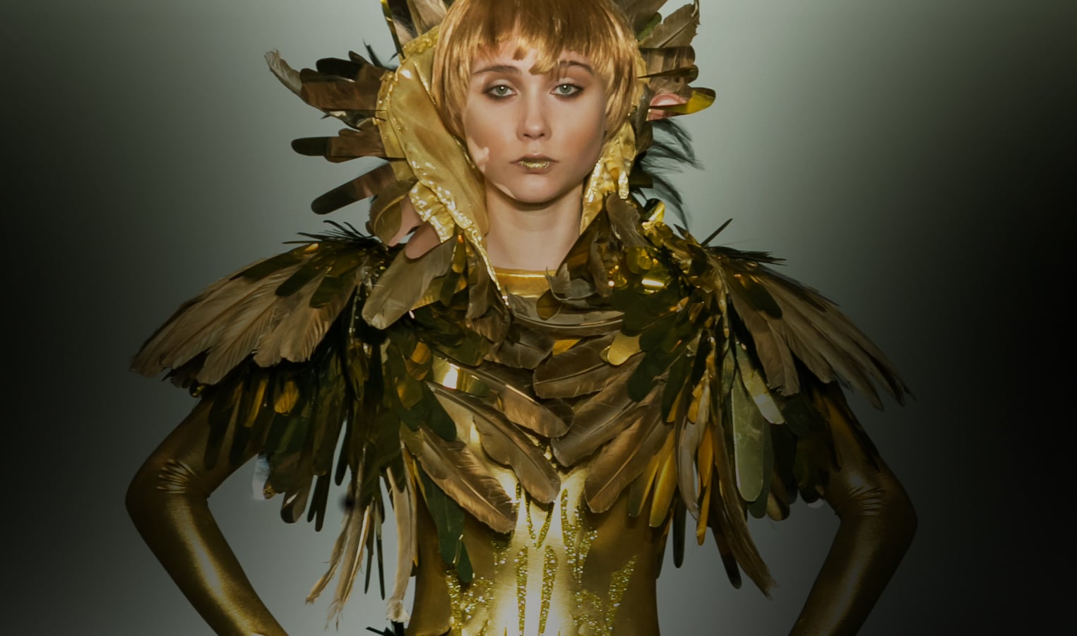 Gold dress feathers boleros by on aura tout vu couture ss16