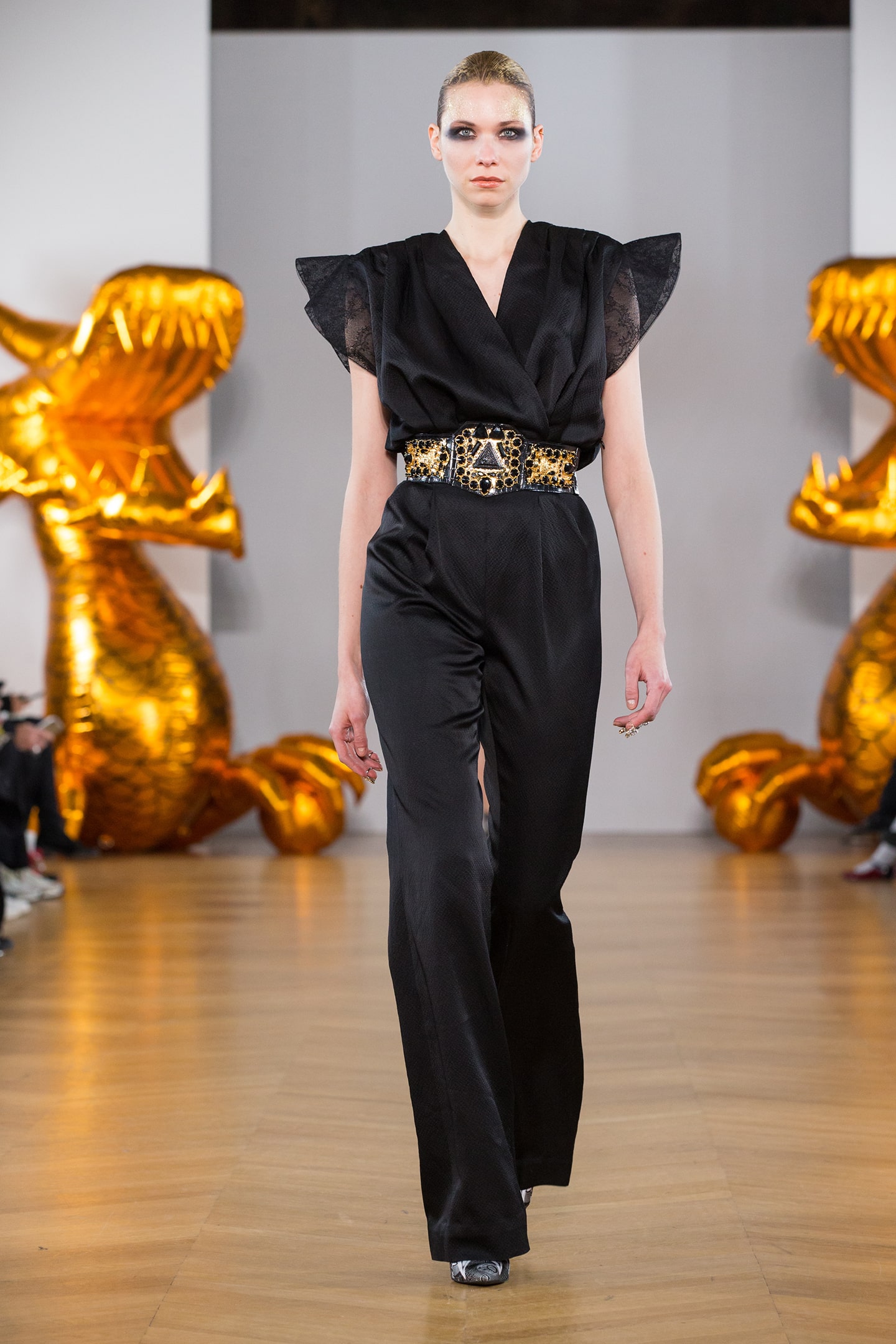 black silk encemble by on aura tout vu gold belt 