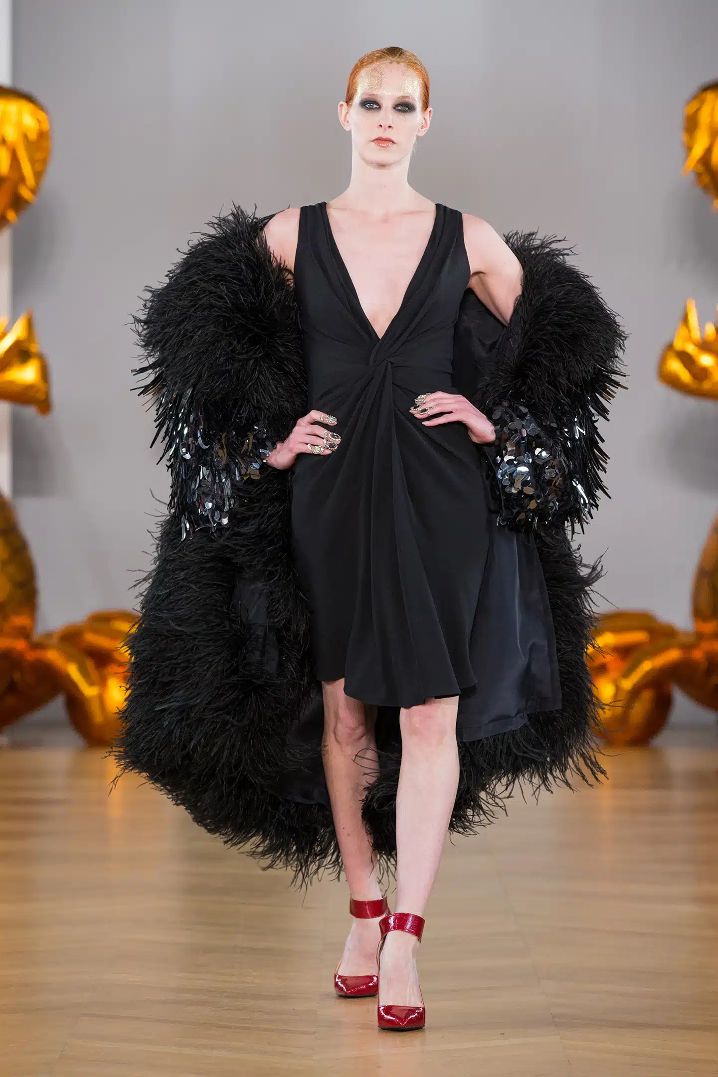 black silk dress and feathers coat by on aura tout vu 