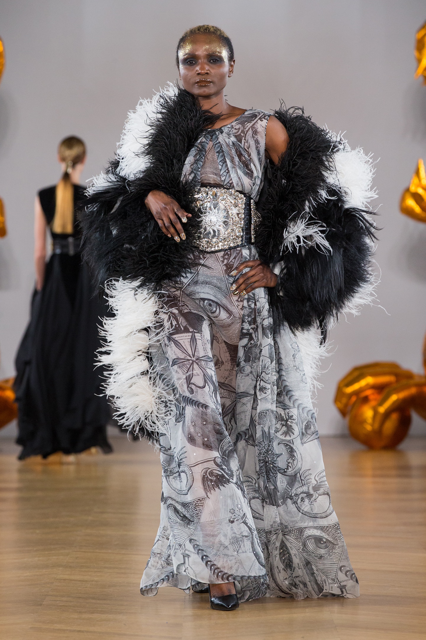 organza black and white print dress crystal belt and feathers and fur coat by on aura tout vu 