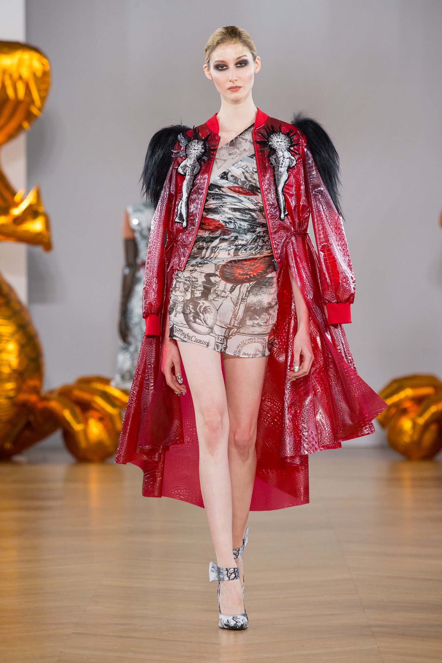 chiffon dress and bombers in red vinil by on aura tout vu couture