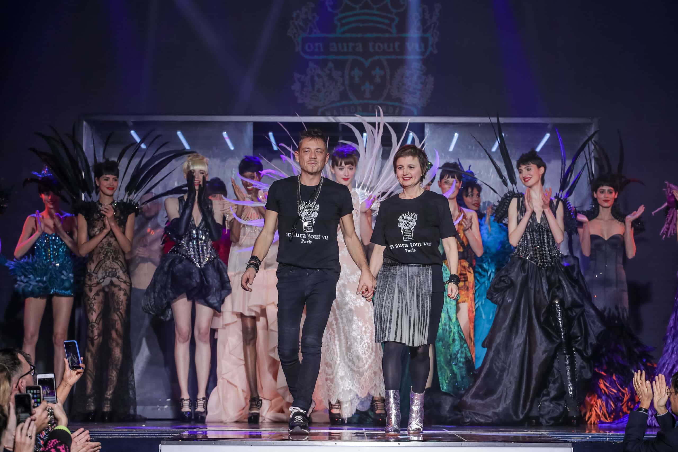 The designers of On Aura Tout Vu at the end of the show spring summer 2020 paris France at Paradis Latin 
