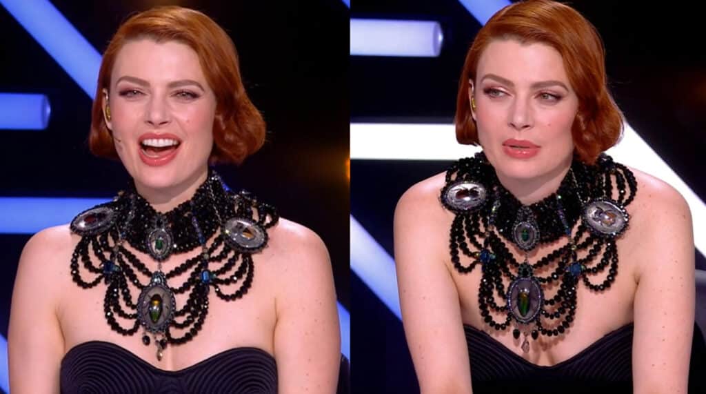 Elodie Frégé porte collier bijoux plastron noir ornée de perles de Bohème par la maison de couture On Aura Tout Vu 